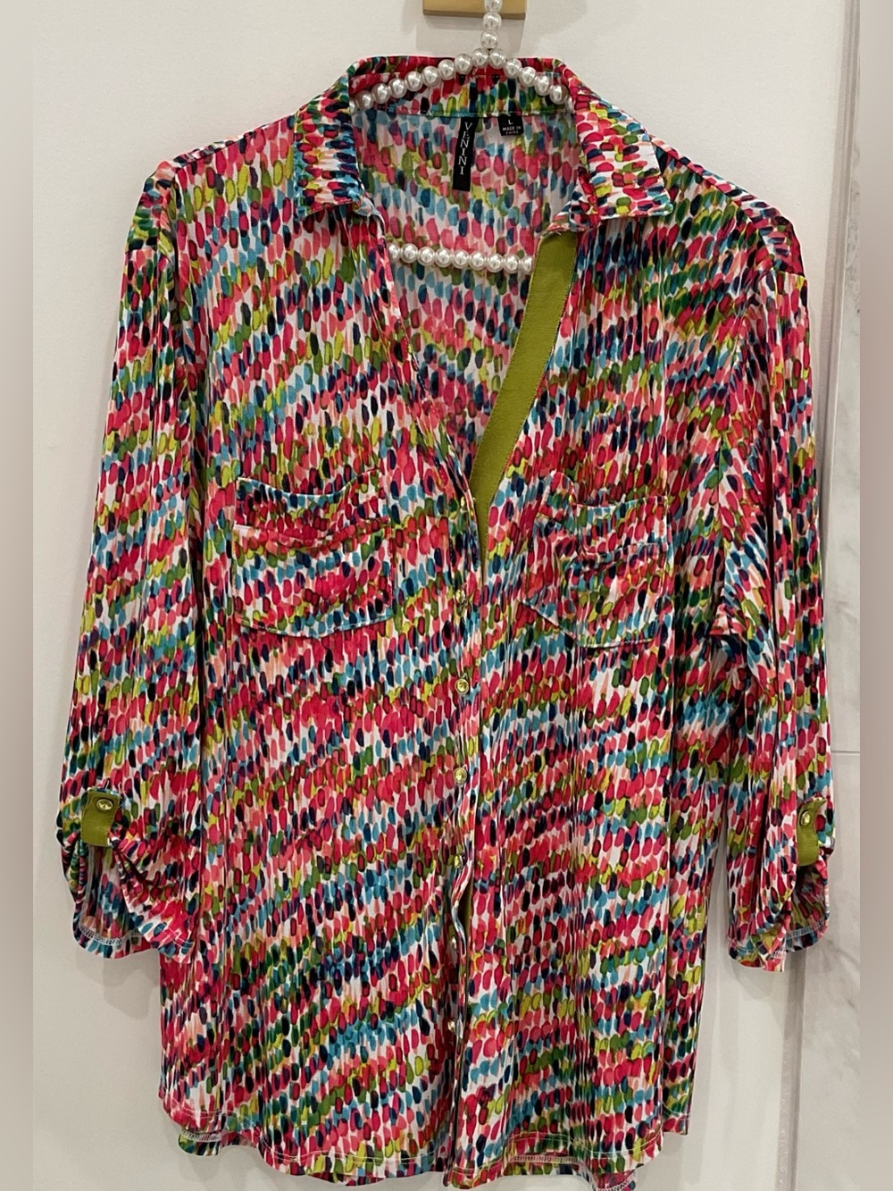 🔴Venini Multicolor Dotted Print Button-Down Shirt - Pink Green Blue🔴
